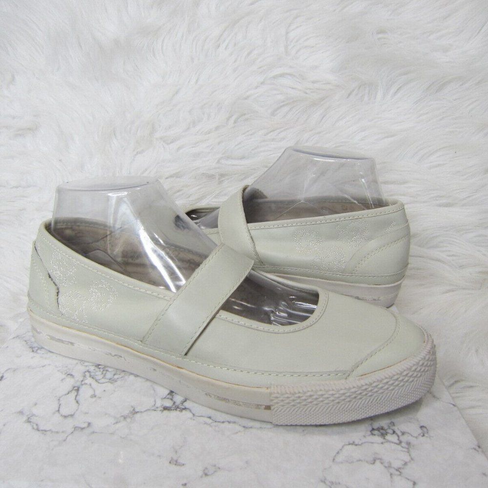 DKNY Pure Pale Green Leather Mary Jane Floral Embroidered Sneakers size 10